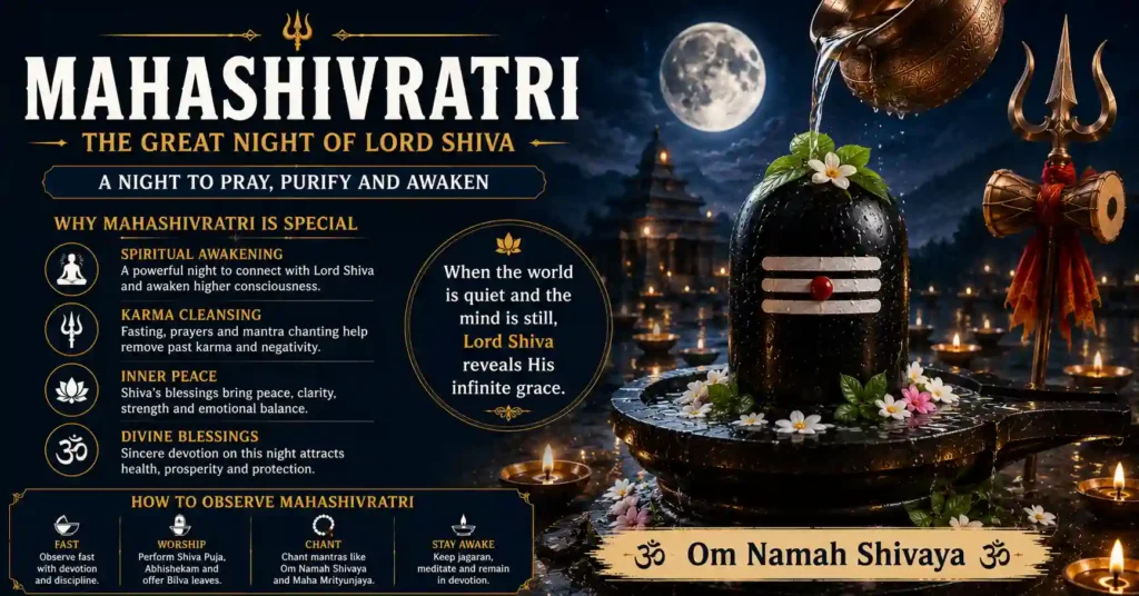 Mahashivratri celebration with Shiva Lingam, Abhishekam, temple, lamps and Lord Shiva's blessings for peace, wisdom and spiritual awakening.
