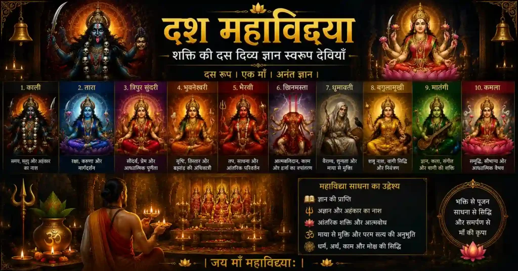 Devotees performing Mahavidya worship, mantra japa and spiritual sadhana before the Divine Mother