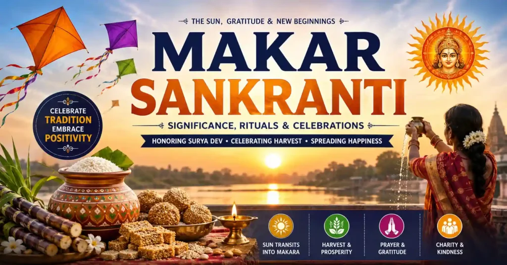 Devotees offering prayers to Surya Dev during Makar Sankranti with kites, festive sweets, and a sunrise symbolising gratitude and new beginnings