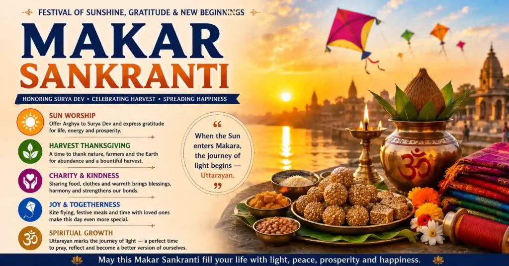 Farmers celebrating the harvest season with crops, sugarcane, and gratitude to nature during Makar Sankranti