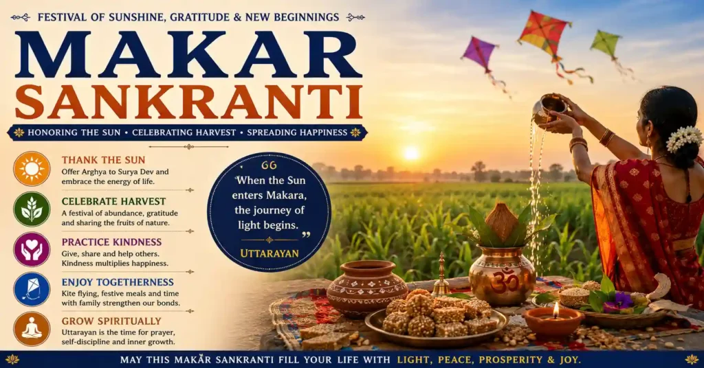 Farmers celebrating the harvest season with crops, sugarcane, and gratitude to nature during Makar Sankranti