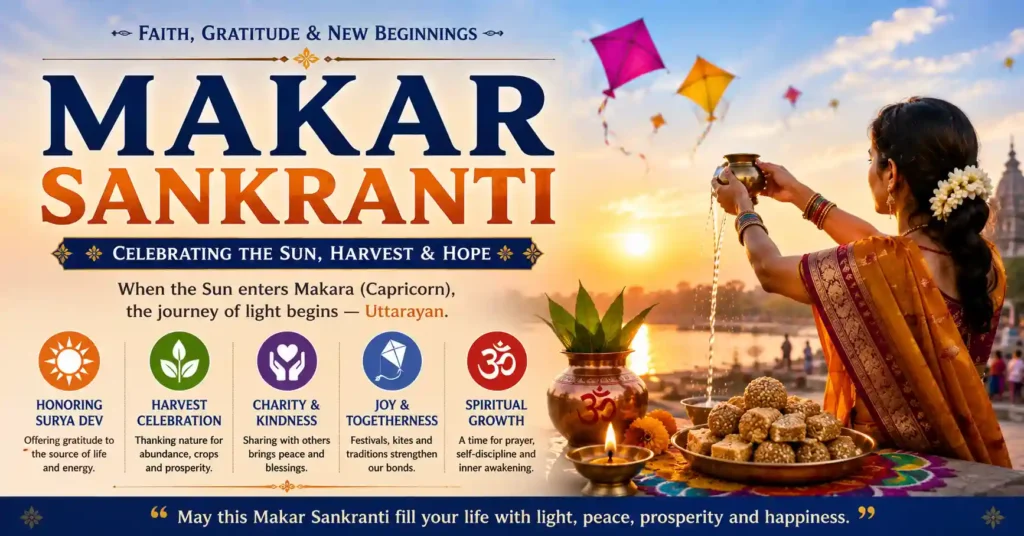 Colourful Makar Sankranti celebrations across India featuring Pongal, Lohri, Magh Bihu, and kite flying traditions
