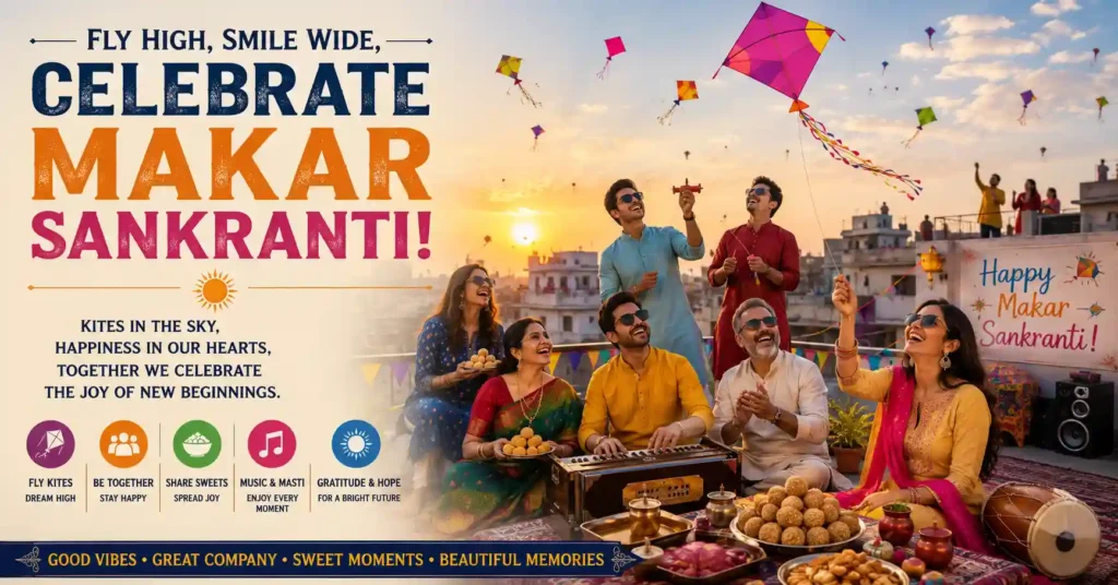 Family and friends celebrating Makar Sankranti on a rooftop by flying colourful kites, enjoying traditional sweets, music, and festive togetherness at sunset