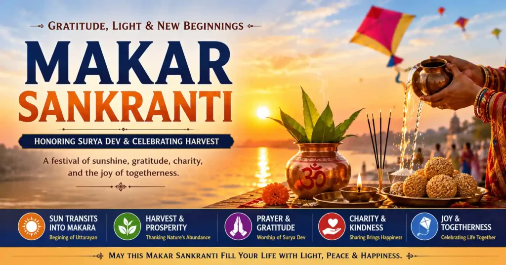 Devotee offering Arghya to Surya Dev during sunrise on Makar Sankranti