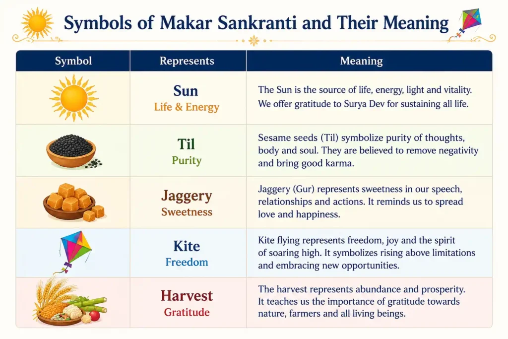 Infographic explaining the symbolic meaning of the Sun, sesame seeds, jaggery, kite, and harvest during Makar Sankranti