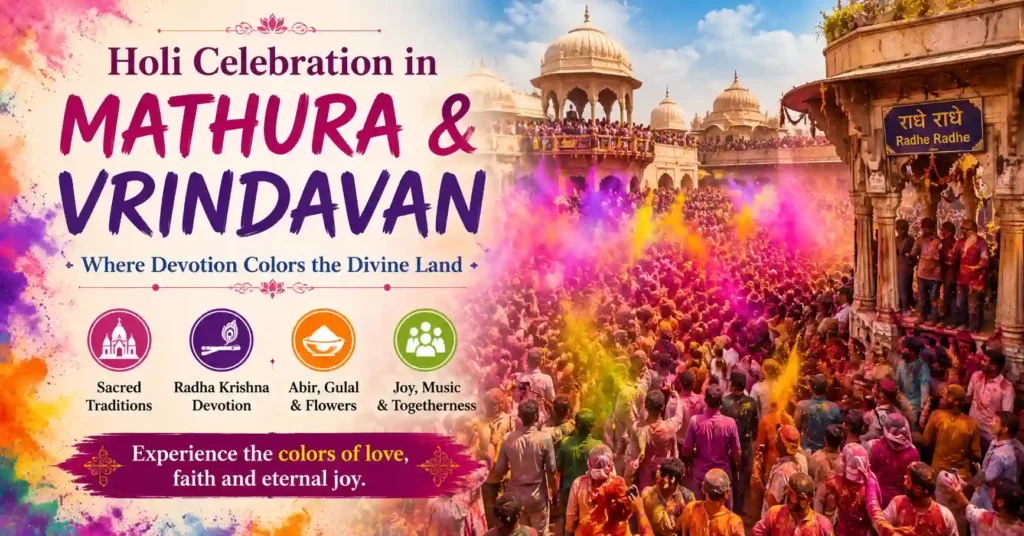 Devotees celebrating Holi with vibrant colors at Ladli Ji Temple in Barsana during the traditional festivities.