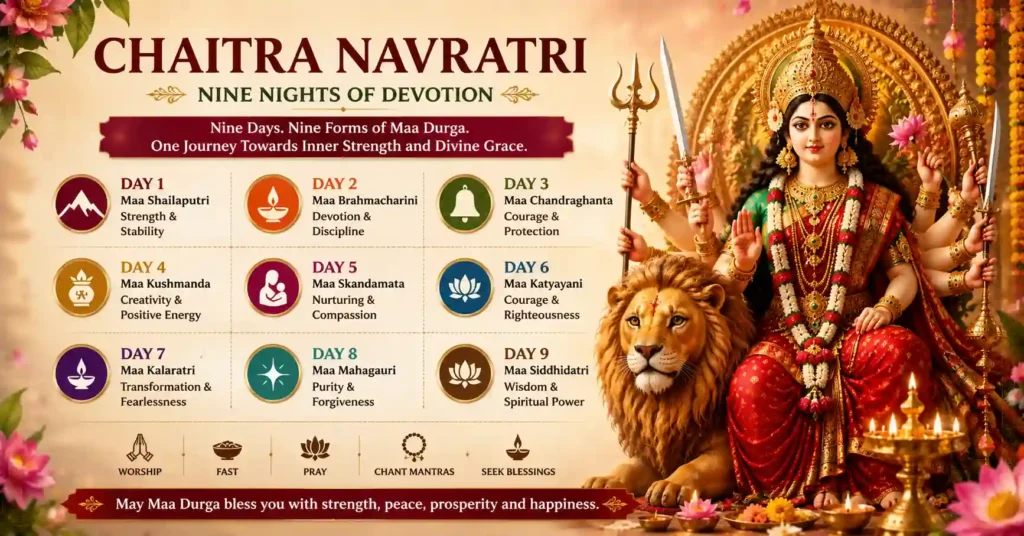 Illustration of the nine forms of Goddess Durga (Navadurga) worshipped during the nine days of Chaitra Navratri.