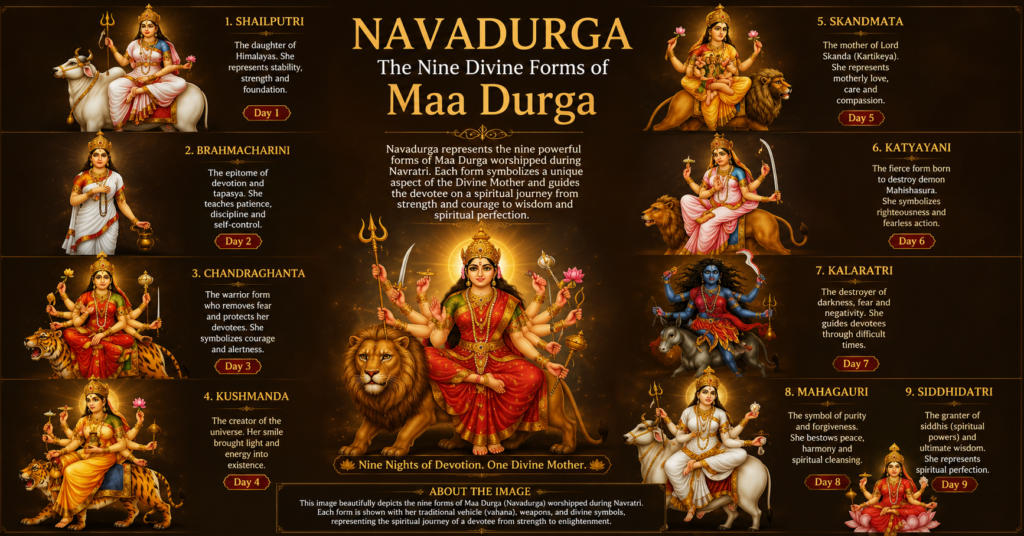 Navadurga depicting the nine divine forms of Maa Durga worshipped during Navratri