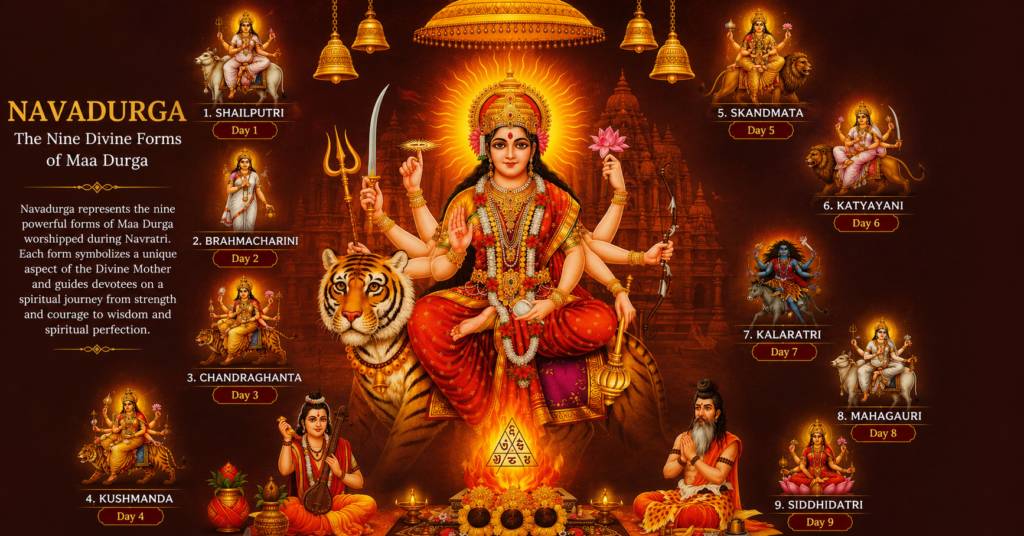 Navadurga representing the nine divine forms of Maa Durga and the spiritual journey of Navratri
