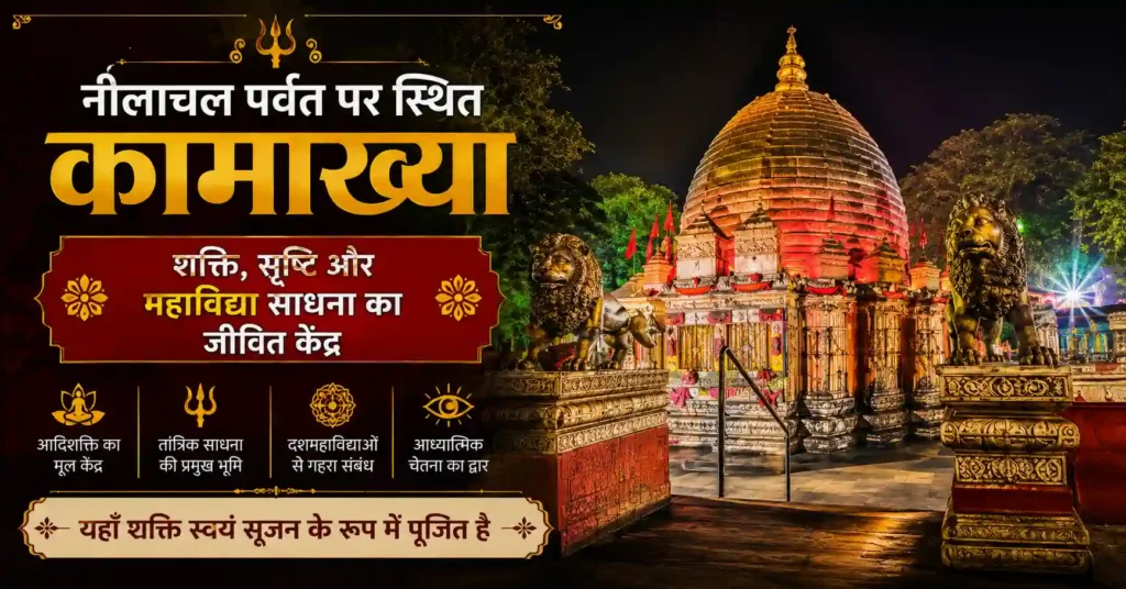 नीलाचल पर्वत पर स्थित प्रकाशित कामाख्या मंदिर का रात्रिकालीन दृश्य
