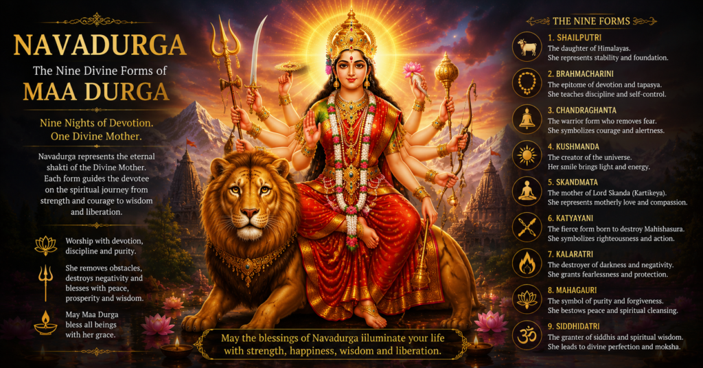 The nine forms of Maa Durga symbolizing strength, devotion, courage, wisdom, and spiritual growth