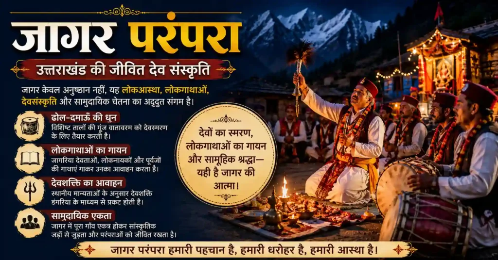 उत्तराखंड के गाँव में रात्रि के समय आयोजित पारंपरिक जागर का सामुदायिक दृश्य