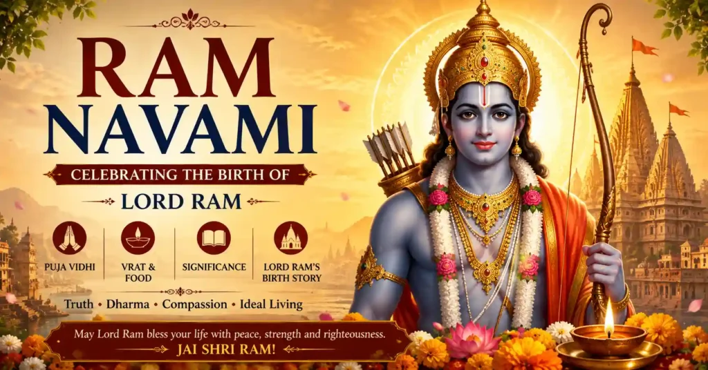 Lord Ram holding a bow with Ram Navami festival guide highlighting date, puja vidhi, vrat, significance and birth story