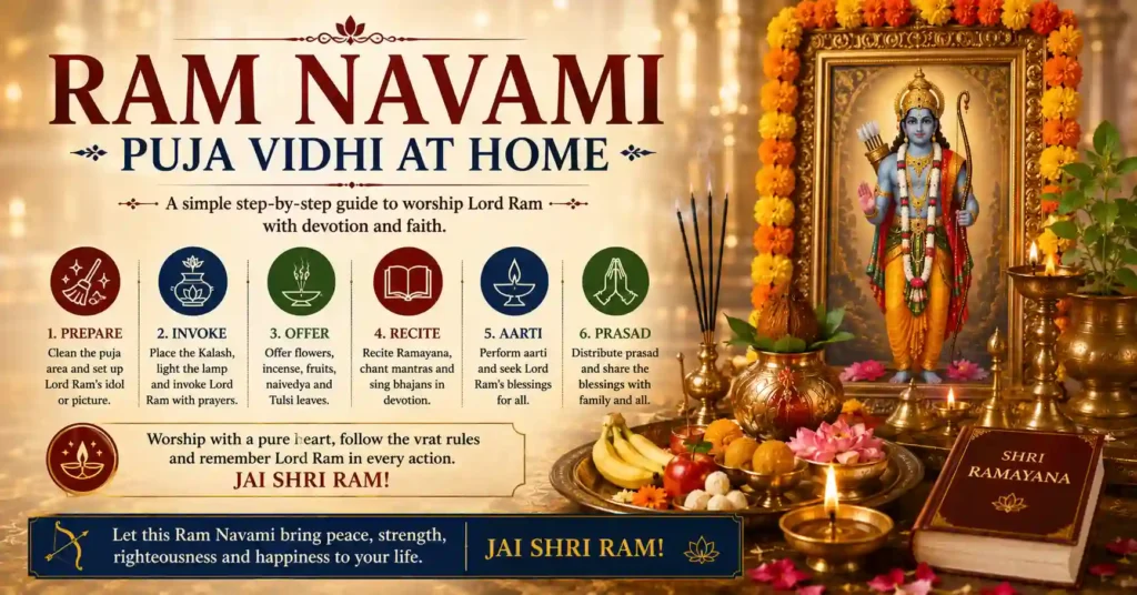 Ram Navami Puja at home showing Kalash, diya, Ramayana, Lord Ram and simple worship steps