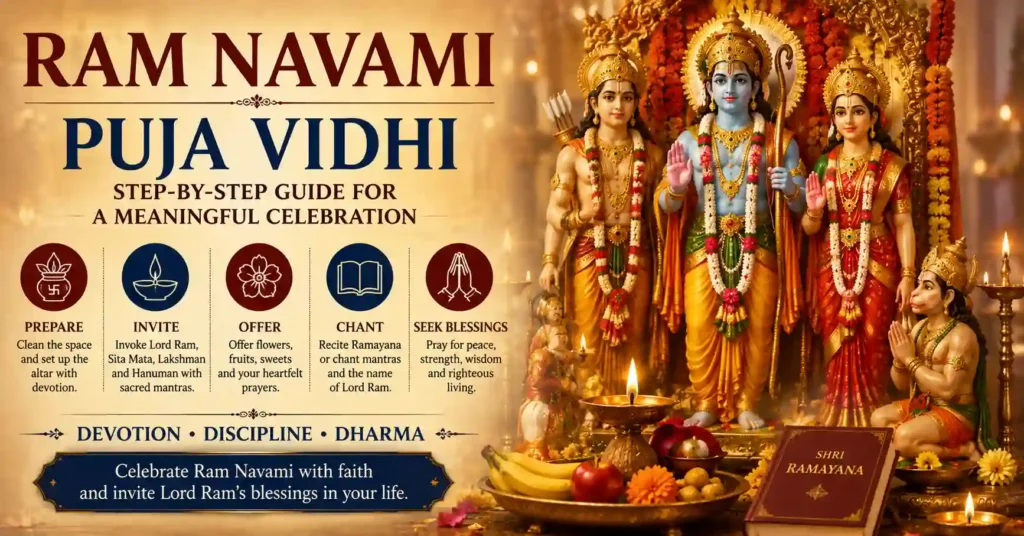 Step-by-step Ram Navami Puja Vidhi at home with Lord Ram, Sita, Lakshman and Hanuman in a decorated shrine
