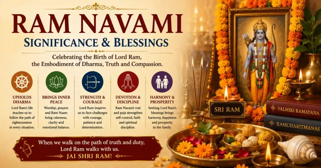 Ram Navami significance and spiritual blessings with Lord Ram, devotional altar and traditional offerings