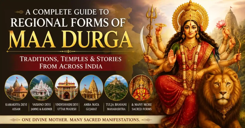 Regional forms of Maa Durga worshipped across India, including major temples, traditions, and sacred manifestations of the Divine Mother.