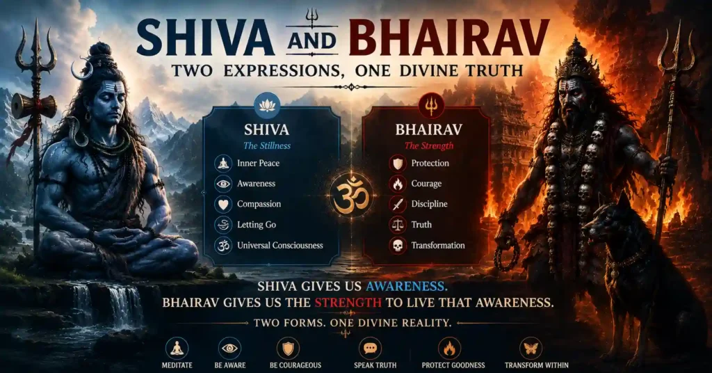 Artistic comparison of Shiva and Bhairav highlighting stillness, awareness, courage, protection, and spiritual transformation.