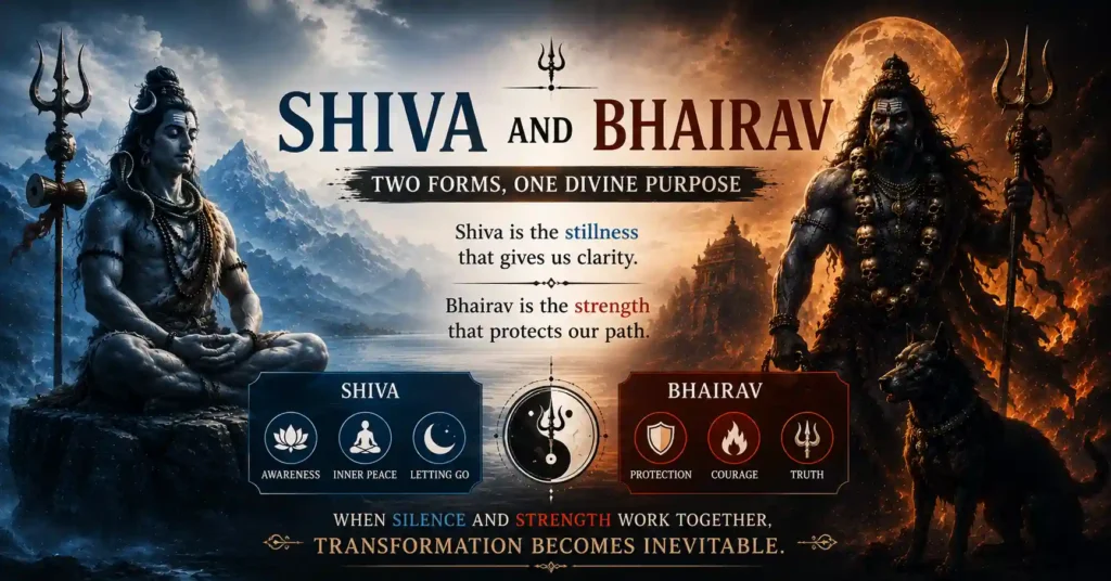Shiva and Bhairav shown as complementary forces representing peace and power, awareness and action, within Sanatan Dharma.