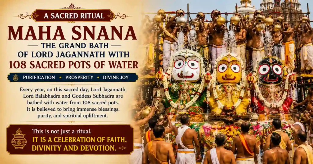 Snana Purnima ritual where Lord Jagannath, Balabhadra and Subhadra are bathed with 108 sacred pots of water