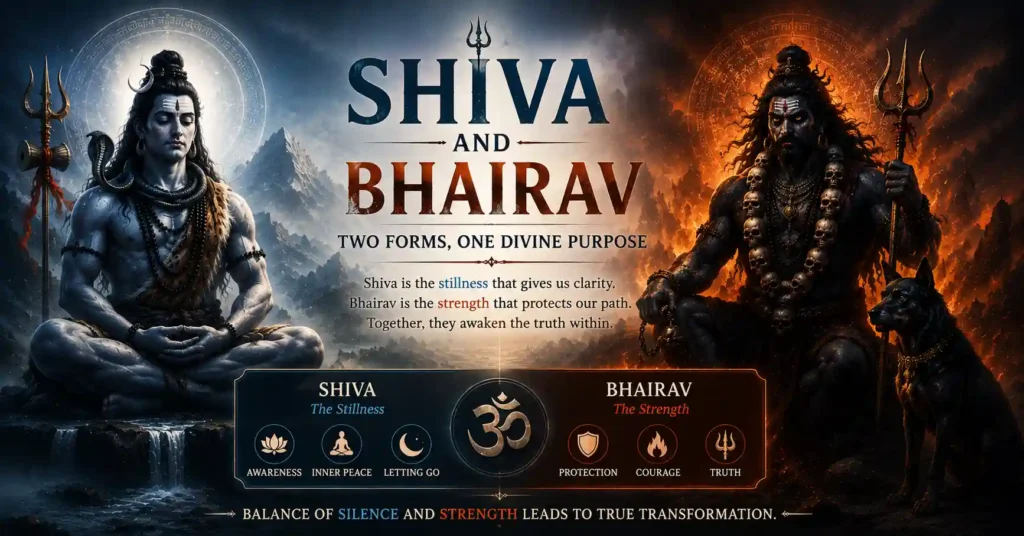 Symbolic representation of the spiritual journey from Shiva's inner stillness to Bhairav's transformative strength and discipline.
