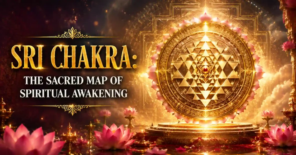 Sri Chakra representing the sacred geometric form of Maa Lalita Tripura Sundari and the path of spiritual awakening in Sri Vidya tradition