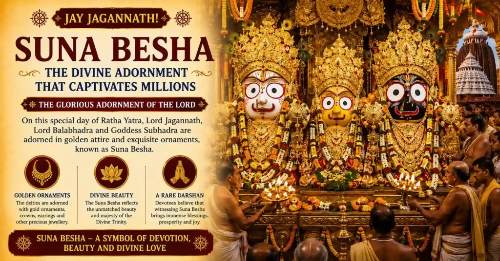 Suna Besha ceremony showing Lord Jagannath, Balabhadra and Subhadra adorned with golden ornaments