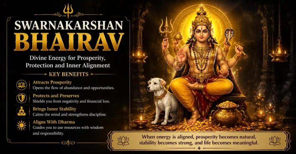 Swarnakarshan Bhairav seated in a temple setting symbolizing prosperity, dharma, protection, and responsible abundance