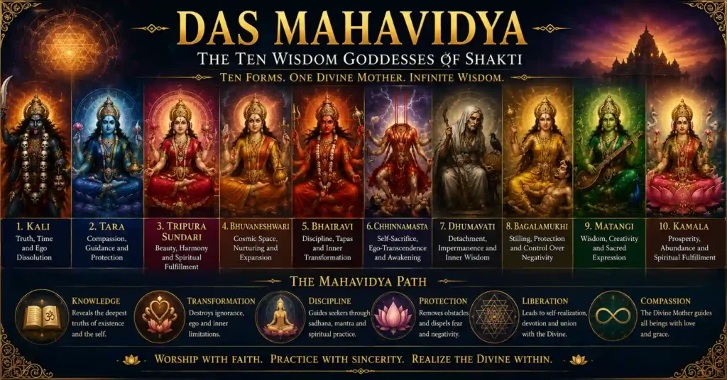 The ten Mahavidya goddesses representing different aspects of Shakti and spiritual wisdom