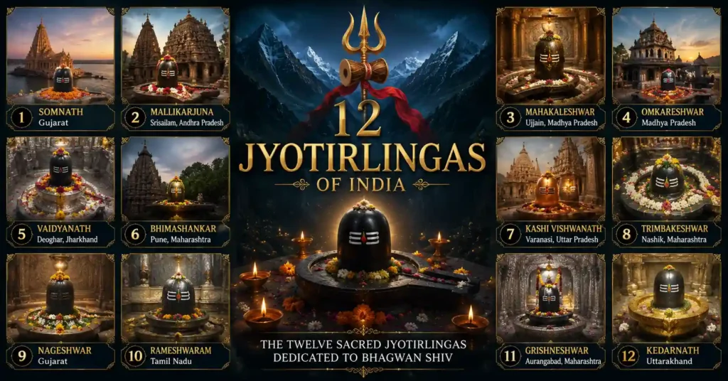 The twelve sacred Jyotirlingas dedicated to Bhagwan Shiv