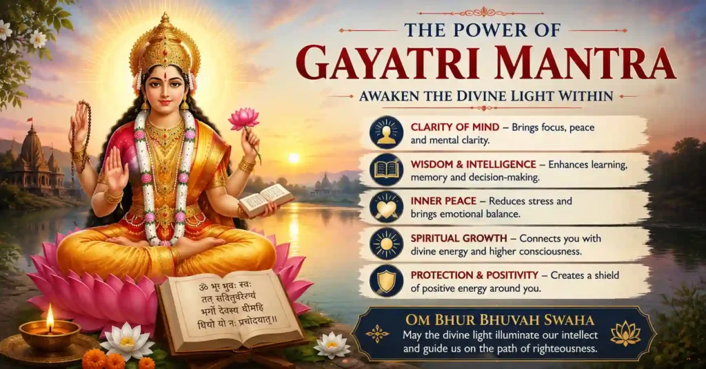Veda Mata Gayatri seated on a lotus, representing divine wisdom, knowledge, and the light of the Vedas.