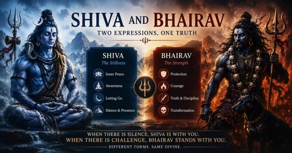 Shiva and Bhairav depicted together as different manifestations of the same divine consciousness in Hindu tradition.