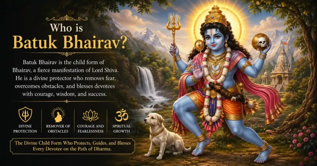 Batuk Bhairav depicted in child form holding a trident, representing divine protection, wisdom, and spiritual guidance