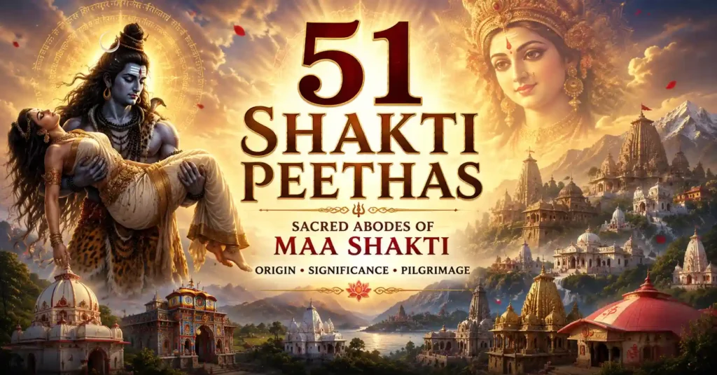 Lord Shiva carrying Maa Sati with sacred temples representing the 51 Shakti Peethas, the holiest pilgrimage sites of Maa Shakti in Sanatan Dharma.