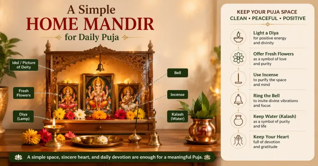 A clean and beautifully decorated home mandir with Lord Ganesha, Maa Lakshmi, and Maa Saraswati, showing the essential setup and items required for daily puja at home.