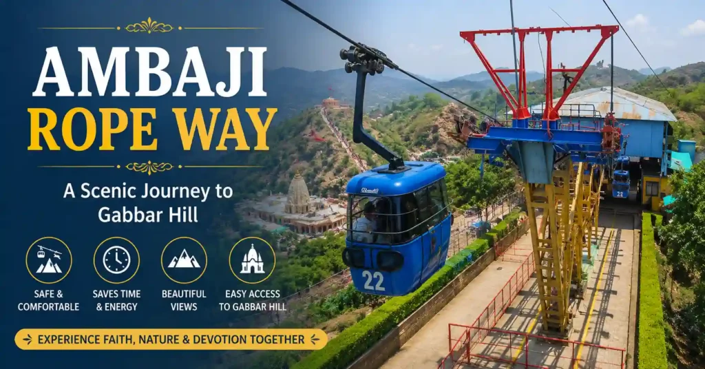 Ambaji Ropeway carrying pilgrims to Gabbar Hill, offering scenic views and easy access to the sacred pilgrimage site.