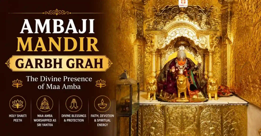 Sacred Garbhagriha of Ambaji Temple Gujarat, where devotees worship the divine presence of Maa Amba through the sacred Sri Yantra.