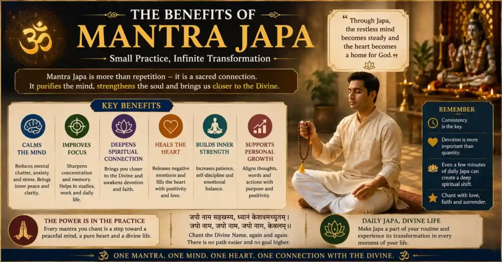 Infographic highlighting the mental, emotional, and spiritual benefits of Mantra Japa, including improved concentration, inner peace, devotion, and spiritual growth.