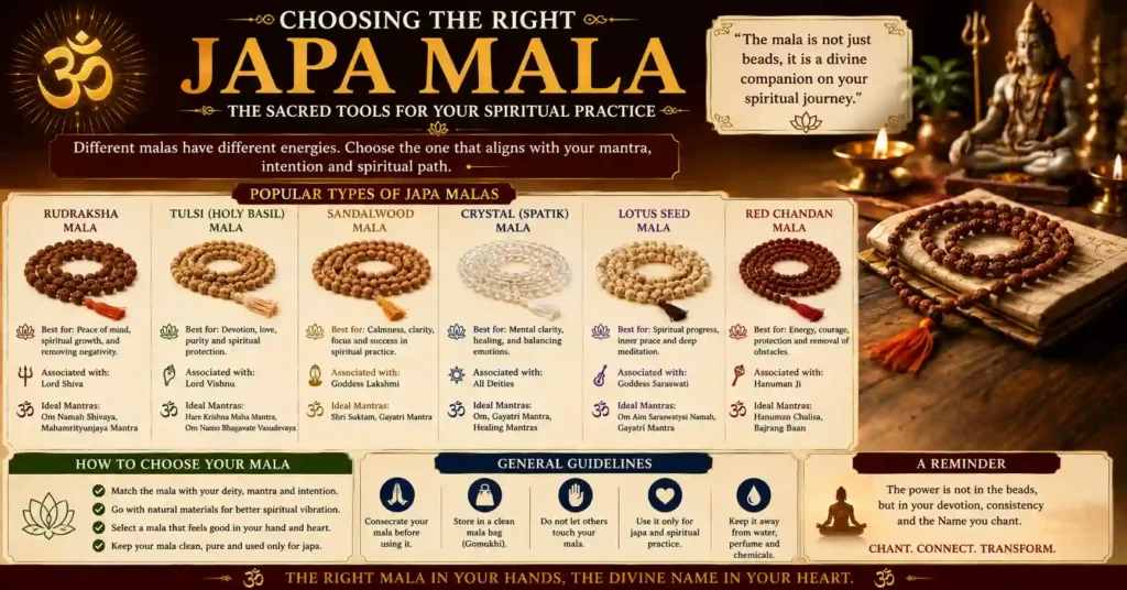 Infographic comparing different types of Japa Malas including Rudraksha, Tulsi, Sandalwood, Crystal, Lotus Seed, and their traditional uses in Mantra Japa.