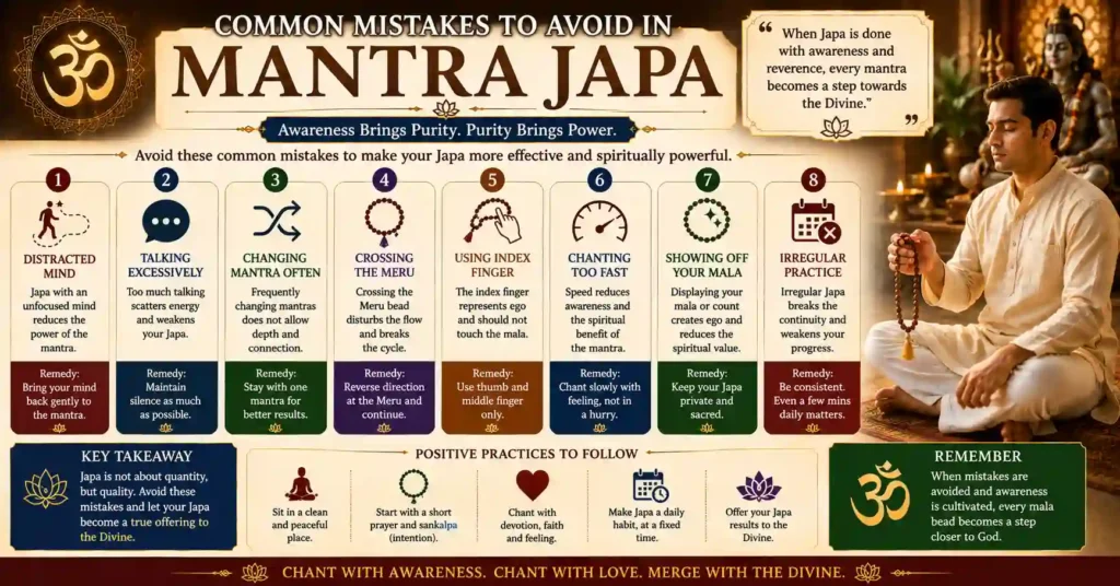 Infographic explaining common mistakes to avoid during Mantra Japa, including improper mala handling, lack of concentration, irregular practice, and tips for correct chanting.