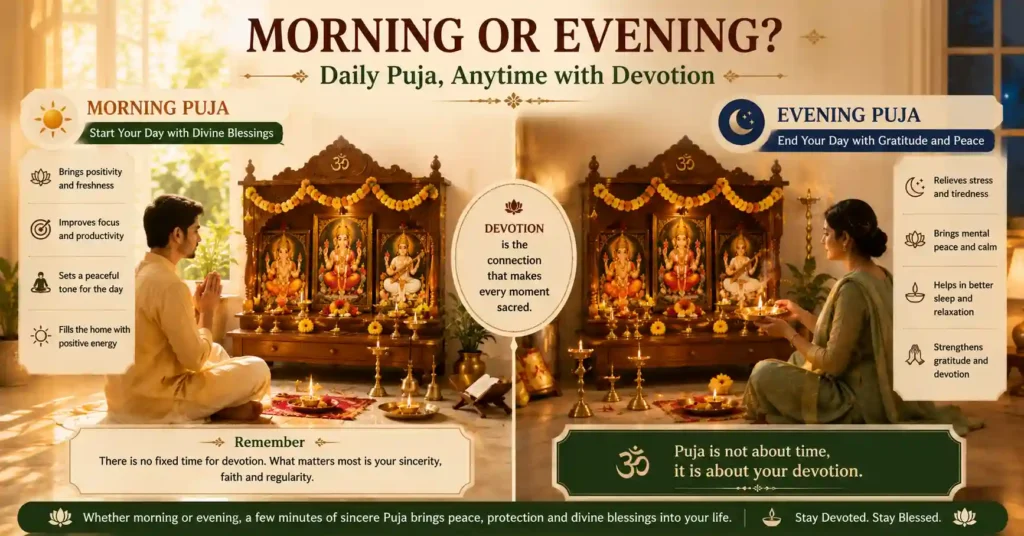A devotee performing daily mantra japa with a japa mala before a home mandir, illustrating the role of mantra chanting in daily puja and spiritual practice.