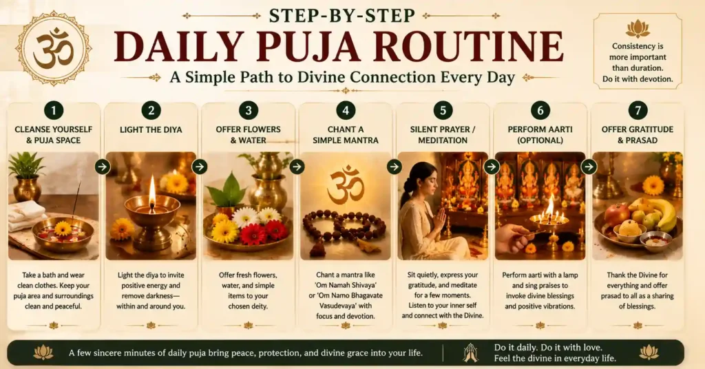 Infographic explaining the complete daily puja routine in seven simple steps, from cleansing and lighting the diya to chanting mantras, aarti, and offering gratitude.