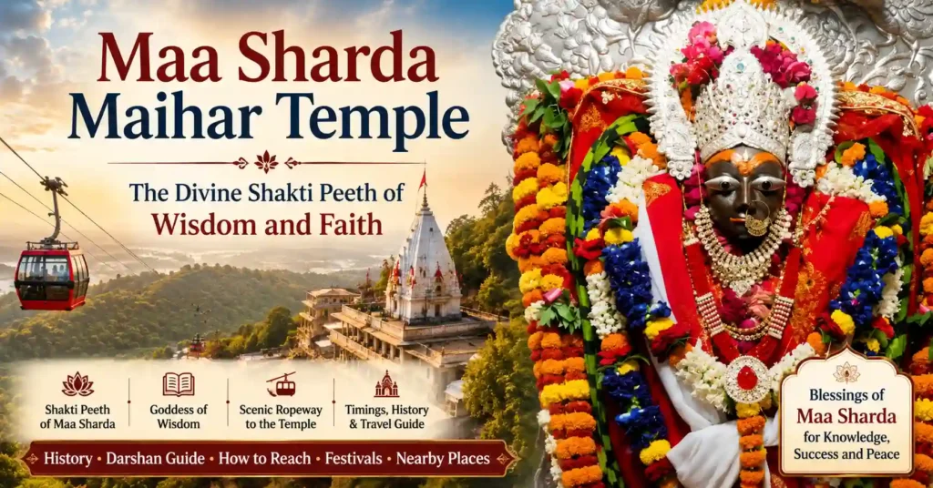 A panoramic view of Maa Sharda Maihar Temple on Trikuta Hill in Maihar, Madhya Pradesh, one of the revered Shakti Peeths of India.