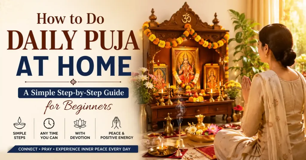 A devotee performing daily puja at a traditional home mandir with Lord Ganesha, Maa Lakshmi, and Maa Saraswati, illustrating a simple step-by-step guide for daily worship in Sanatan Dharma.