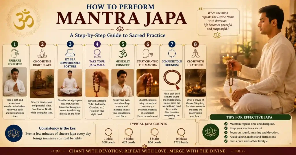 Step-by-step infographic explaining how to perform Mantra Japa correctly, including preparation, posture, mala usage, chanting, and concluding prayer.