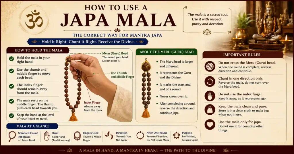 Infographic demonstrating the correct way to hold and use a Japa Mala, showing the thumb and middle finger technique, Meru (Guru) bead, and traditional rules of Mantra Japa.