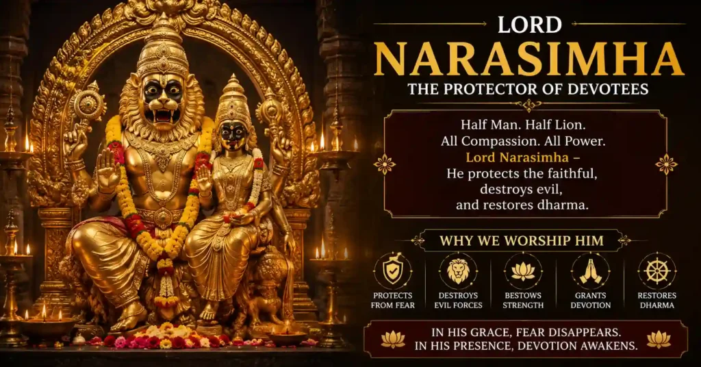 Divine idol of Lord Lakshmi Narasimha with Goddess Lakshmi at an ISKCON temple, worshipped as the compassionate protector of devotees and the upholder of dharma.
