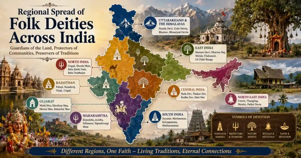 Illustration of village festivals, jatras, processions, music, and community worship celebrating the living traditions of Folk Deities of India.