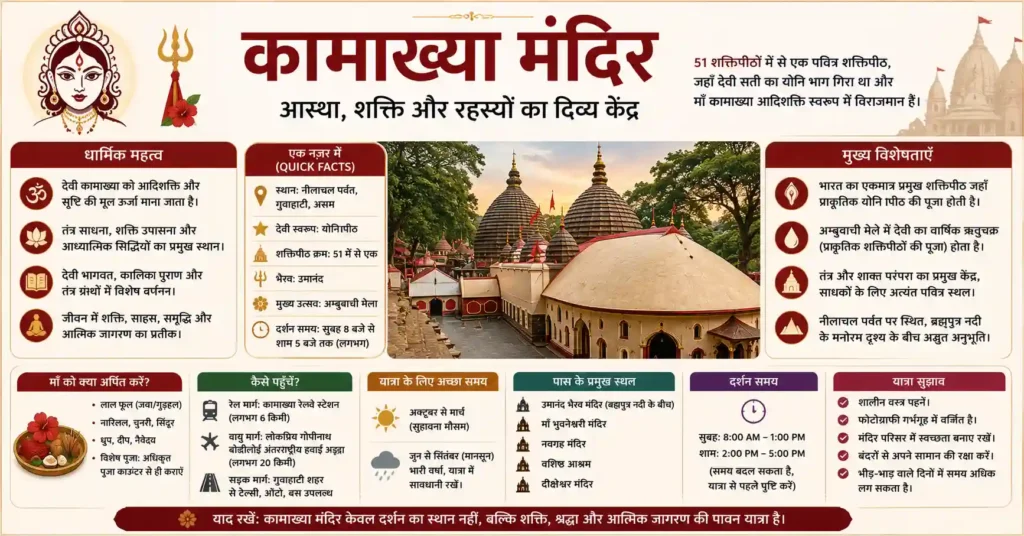 Infographic of Kamakhya Temple in Guwahati, Assam showing quick facts, spiritual significance, Yoni Peeth, Ambubachi Mela, darshan timings, travel guide, nearby temples, and pilgrimage information.