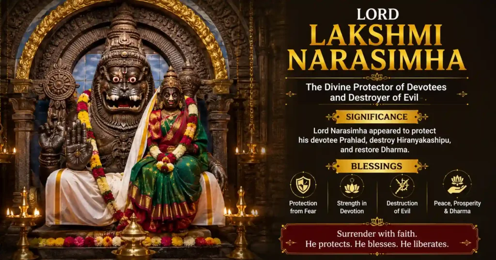 Idol of Lord Lakshmi Narasimha with Goddess Lakshmi, worshipped as the compassionate protector of devotees and remover of fear.